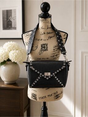 Black Studded Envelope Crossbody Bag with Eyelet Strap